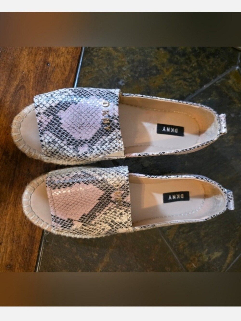 DKNY • Leather Platform Espadrilles, Pink/Black/Cream Snake Print - Sz 7.5.  EUC